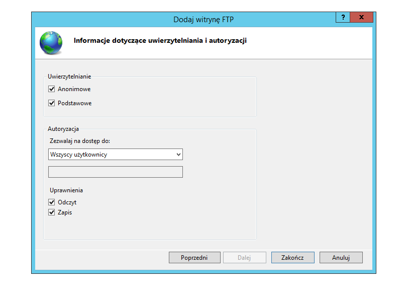 Uwierzytelnianie: Anonimowe, Podstawowe. Autoryzacja Zezwalaj dostęp do: Wszyscy użytkownicy Uprawnienia Odczyt, Zapis